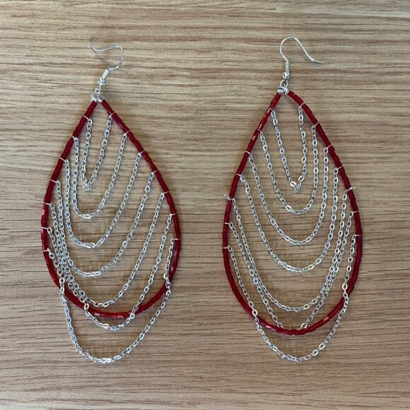 Red Beaded Teardrop Hoop Earrings with Silver Chains Boho Handmade Jewelry 3.5" - Picture 6 of 6